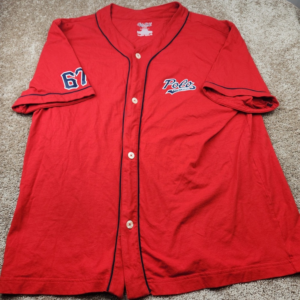 Polo Ralph Lauren Mens Red Baseball Jersey Button Down Shirt Large 67 Logo